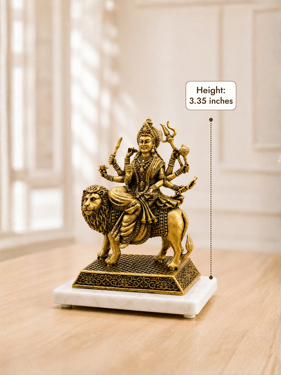 Durga Mata Antique Gold Finish Idol with Lion - Height 3.35 inches