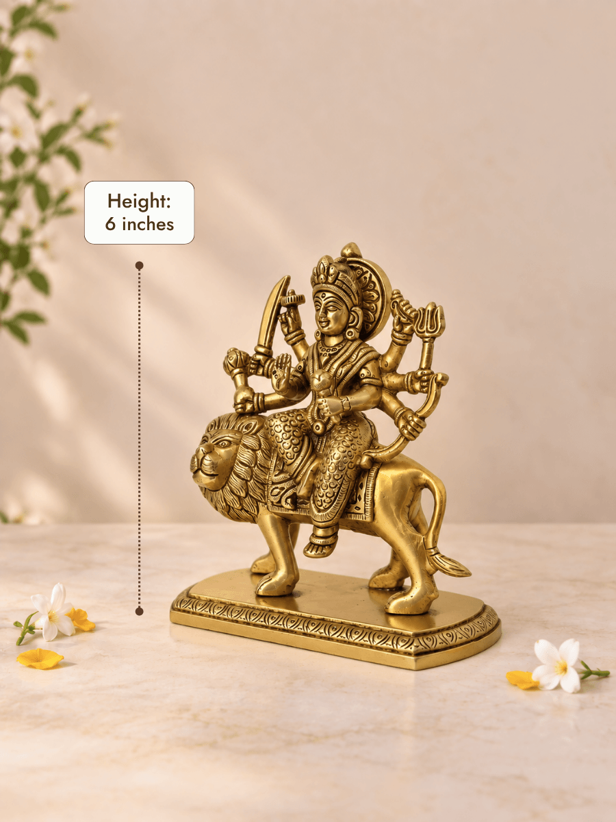 Brass Durga on Lion Idol — 6 Inch Durga Simhavahini for Pooja & Home Temple