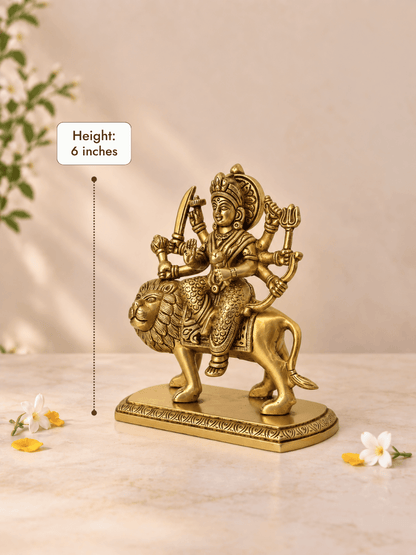 Brass Durga on Lion Idol — 6 Inch Durga Simhavahini for Pooja & Home Temple
