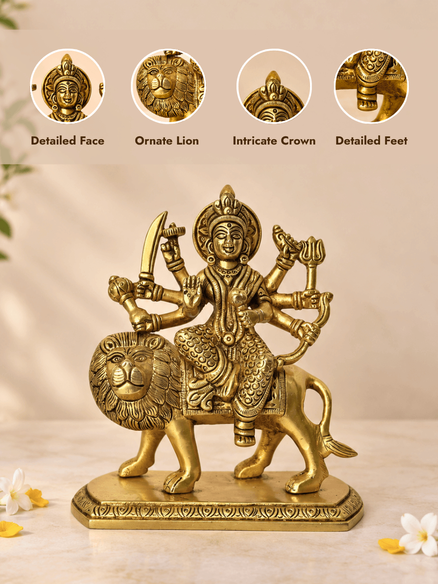 Brass Durga on Lion Idol — 6 Inch Durga Simhavahini for Pooja & Home Temple