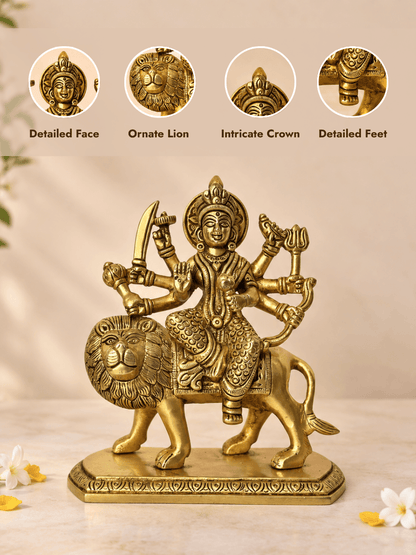 Brass Durga on Lion Idol — 6 Inch Durga Simhavahini for Pooja & Home Temple