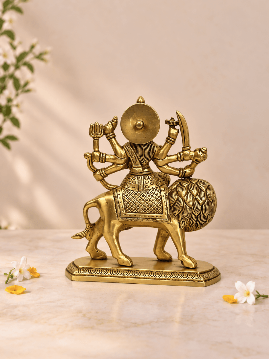 Brass Durga on Lion Idol — 6 Inch Durga Simhavahini for Pooja & Home Temple