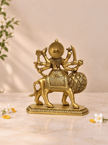 Brass Durga on Lion Idol — 6 Inch Durga Simhavahini for Pooja & Home Temple