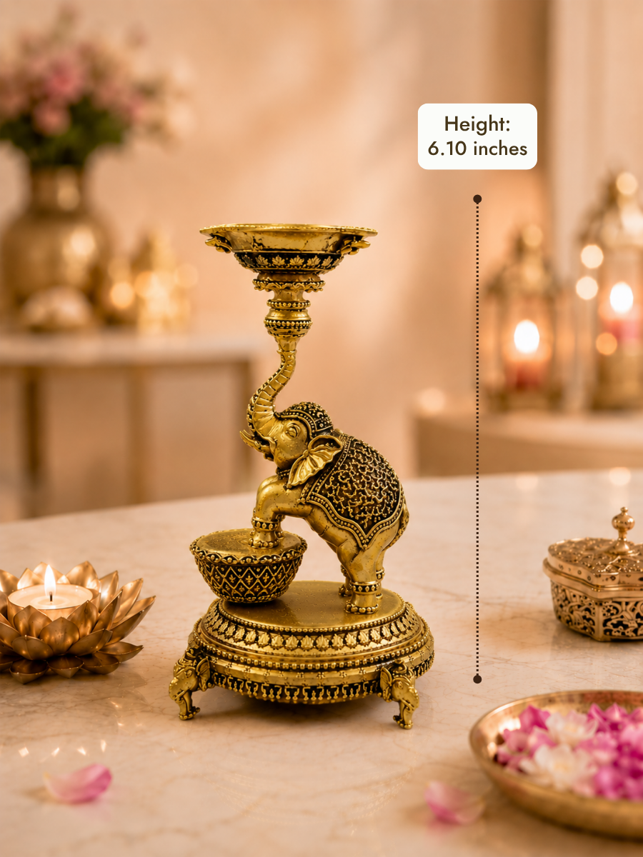 Elephant Diya Urli Stand Antique Gold Finish for Pooja and Decor