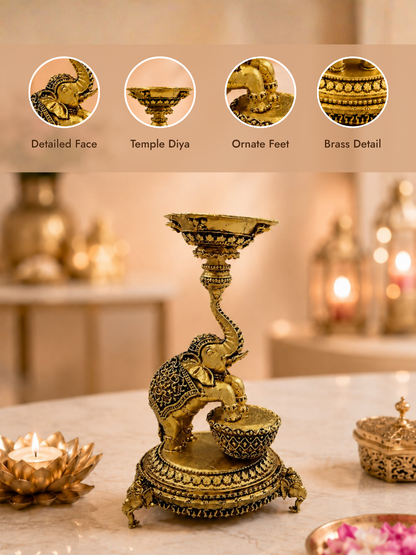 Elephant Diya Urli Stand Antique Gold Finish for Pooja and Decor