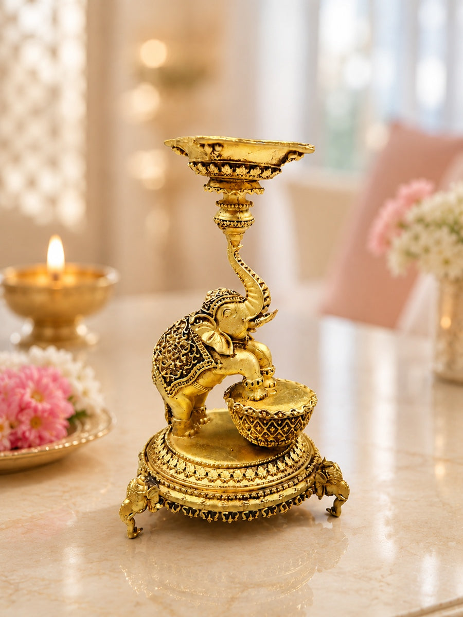 Elephant Diya Urli Stand Antique Gold Finish