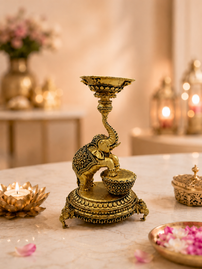 Elephant Diya Urli Stand Antique Gold Finish for Pooja and Decor