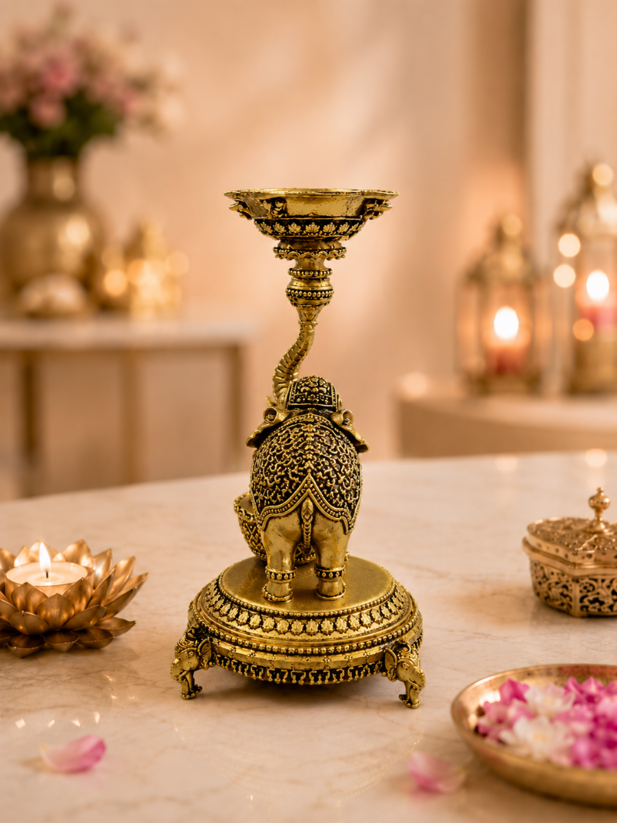 Elephant Diya Urli Stand Antique Gold Finish for Pooja and Decor
