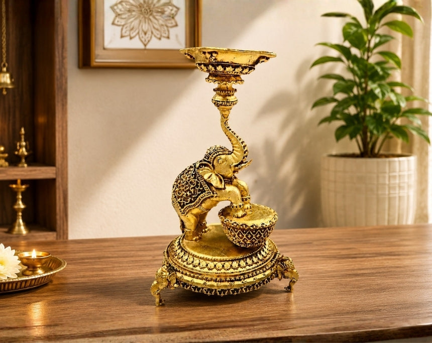 Elephant Diya Urli Stand Antique Gold Finish for Pooja and Decor
