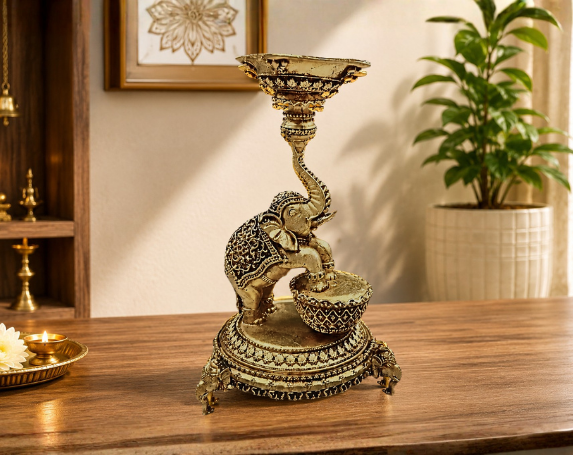 Elephant Diya Urli Stand Antique Gold Finish for Pooja and Decor