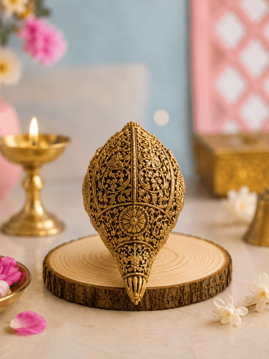 Ganesha Decorative Shankh Antique Gold Finish for Pooja and Gifting