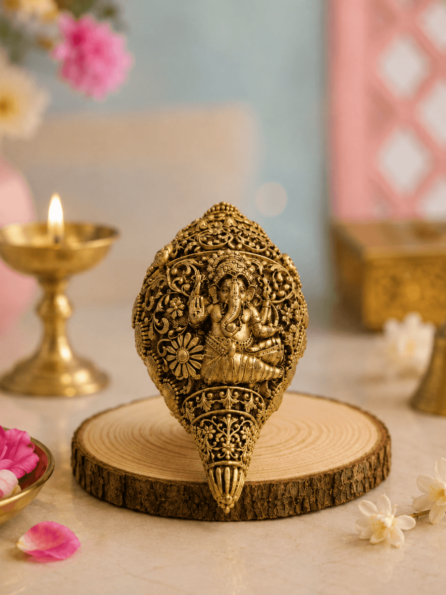 Ganesha Decorative Shankh Antique Gold Finish