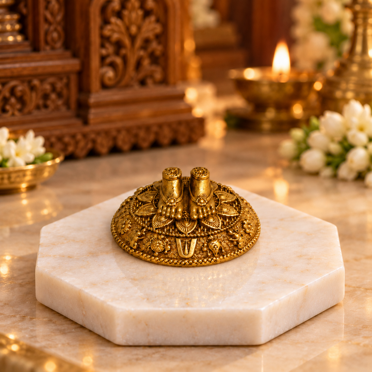 Brass Pooja Essentials Bundle – Ram Darbar, Peacock Diya, Hanuman Bell & Charan Paduka