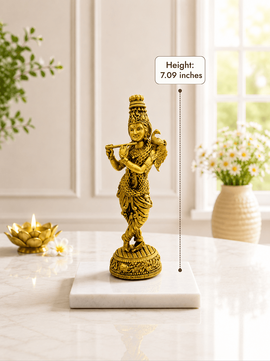 Krishna Flute Antique Gold Finish Idol with Peacock - Height 7.09 inches