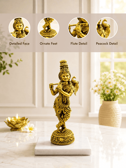 Krishna Flute Antique Gold Finish Idol with Peacock