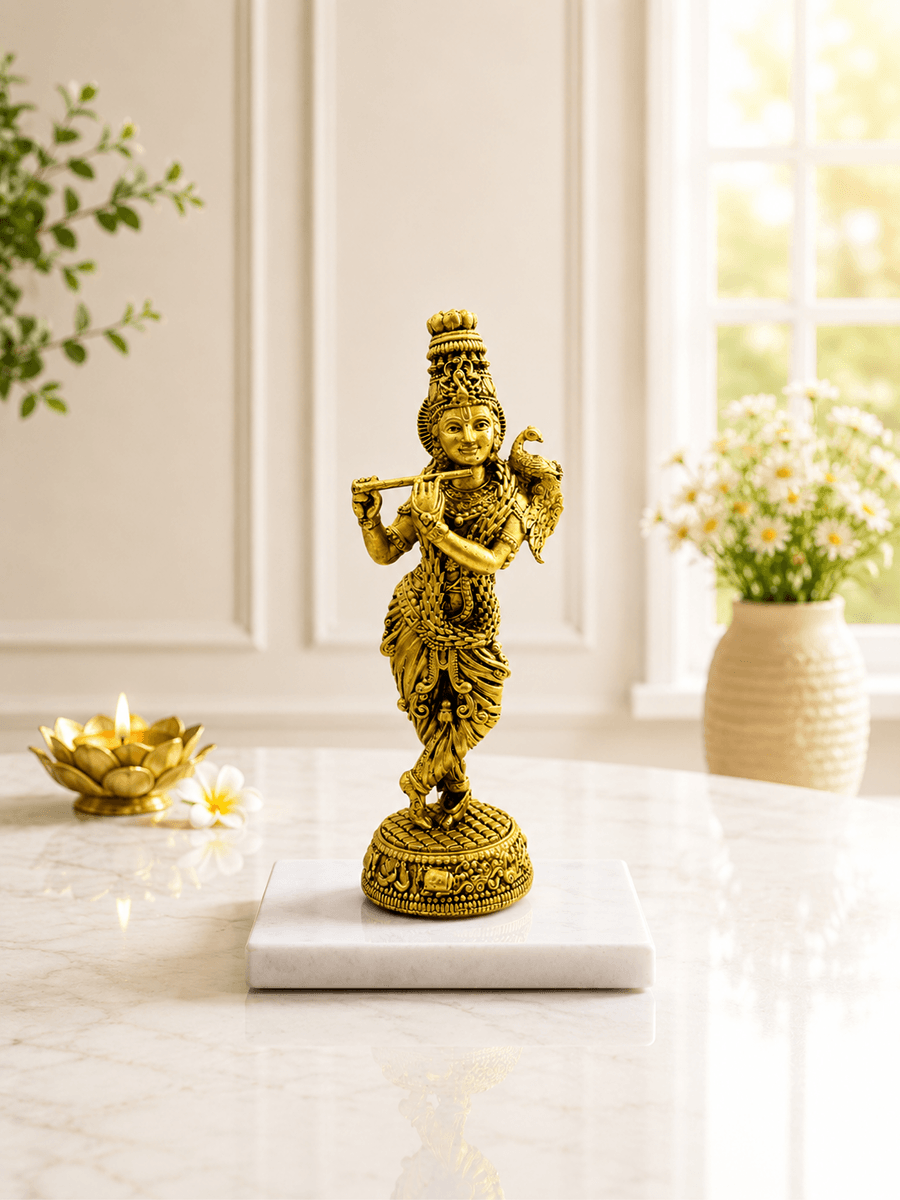 Krishna Flute Antique Gold Finish Idol with Peacock