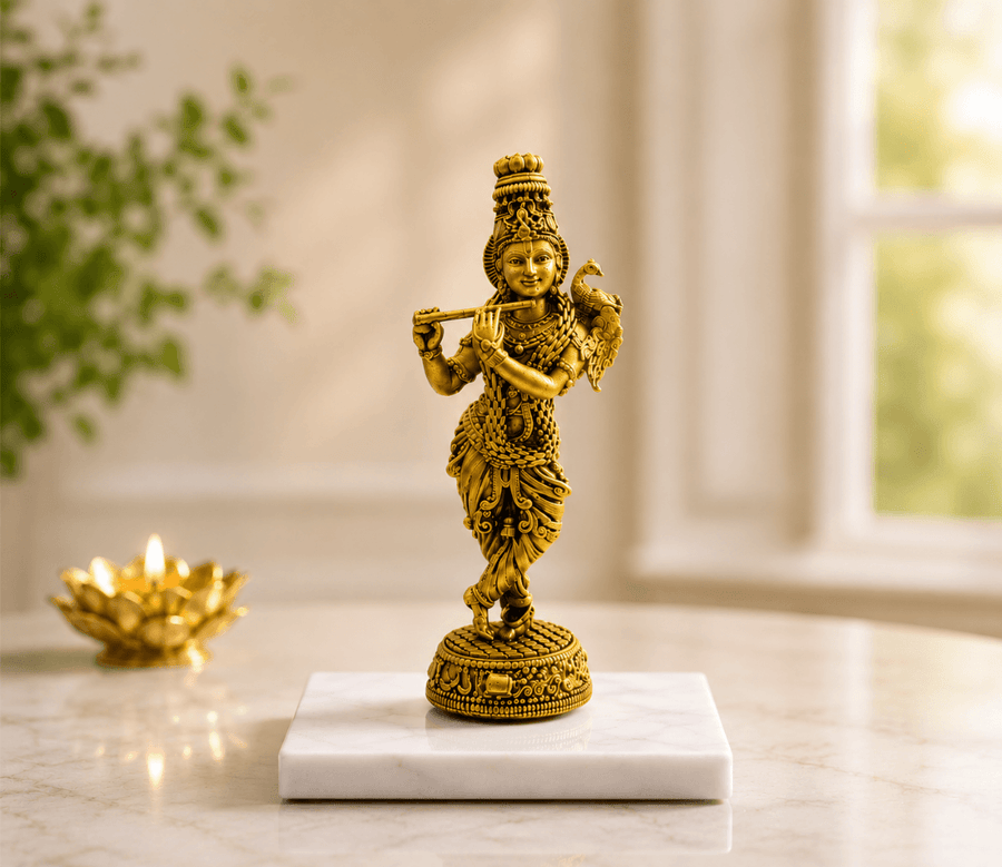 Krishna Flute Antique Gold Finish Idol with Peacock – A Timeless Expression of Divine Beauty
