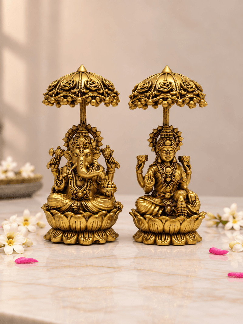 Brass Laxmi Ganesh Idol Set with Chhatra — Seated Pair Under an Umbrella for Home - Product Dimensions