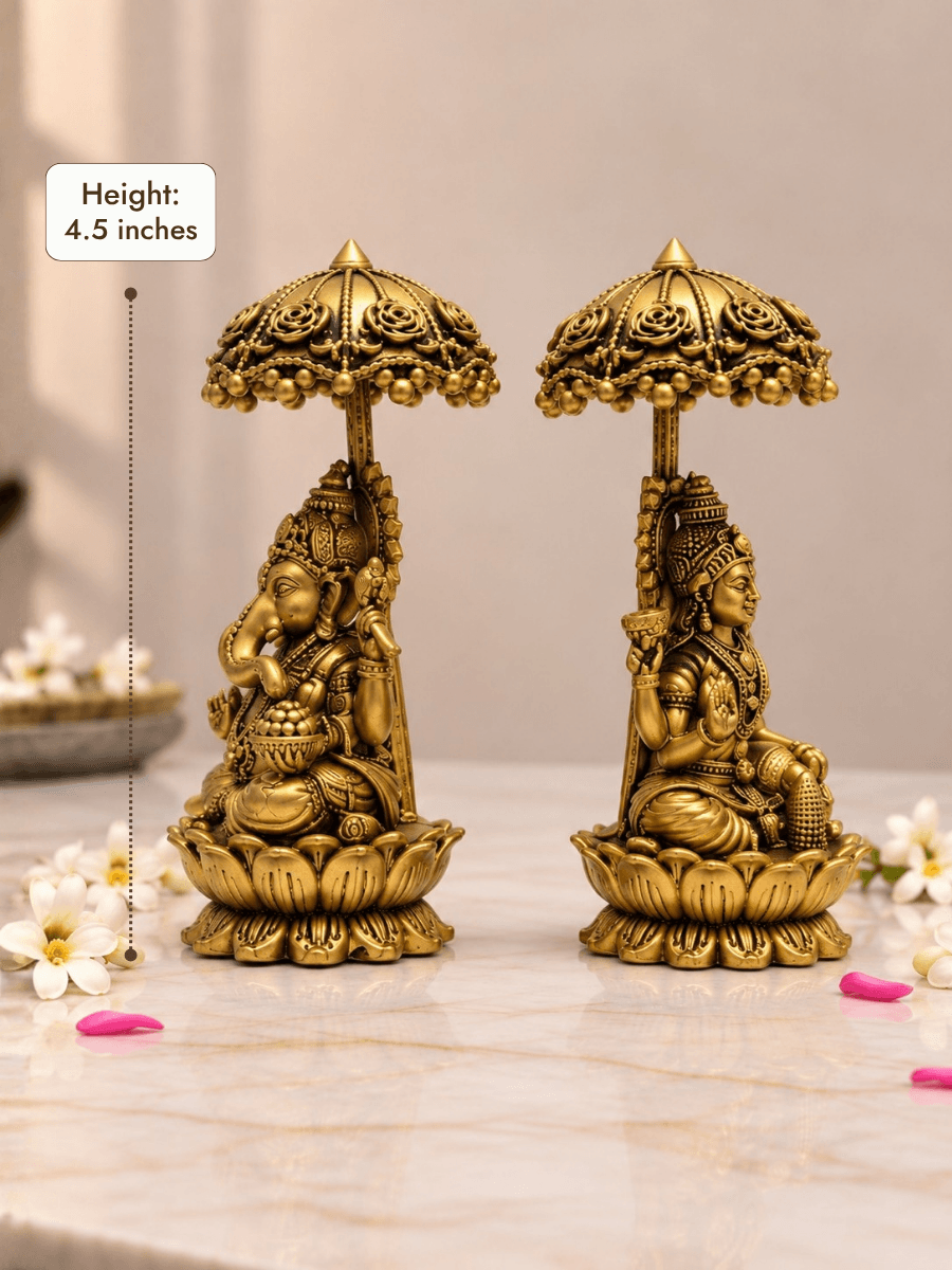 Brass Laxmi Ganesh Idol Set with Chhatra — Seated Pair Under an Umbrella for Home