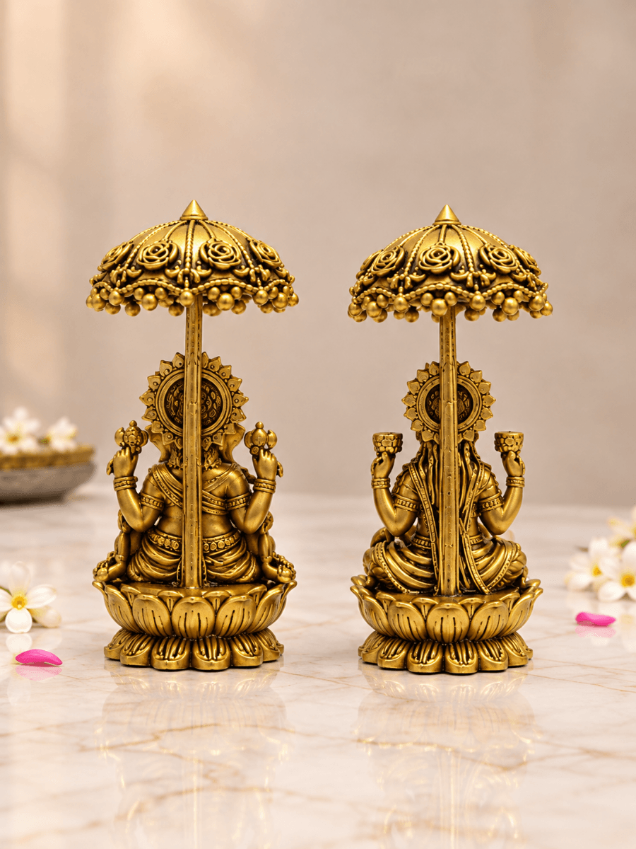 Brass Laxmi Ganesh Idol Set with Chhatra — Seated Pair Under an Umbrella for Home