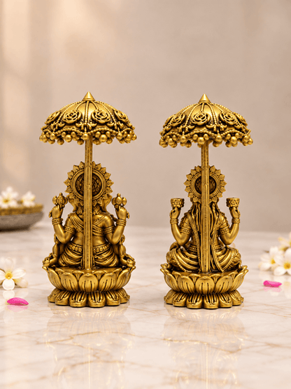 Brass Laxmi Ganesh Idol Set with Chhatra — Seated Pair Under an Umbrella for Home