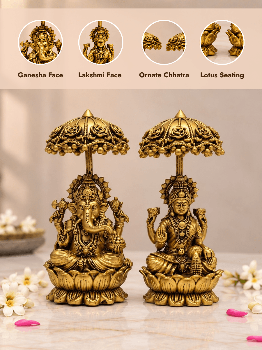 Brass Laxmi Ganesh Idol Set with Chhatra — Seated Pair Under an Umbrella for Home