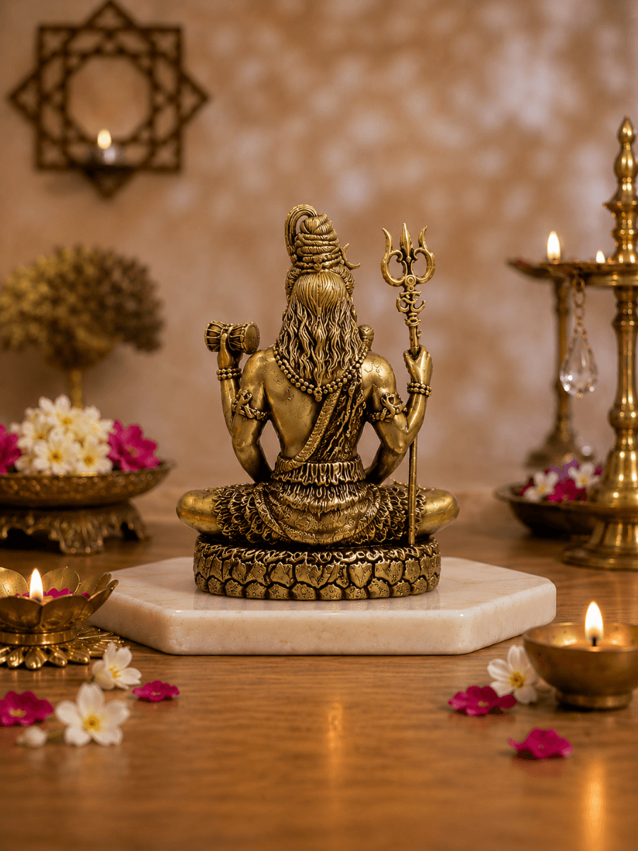 Lord Shiva Antique Gold Finish Idol with Trishul and Damru for Home Temple