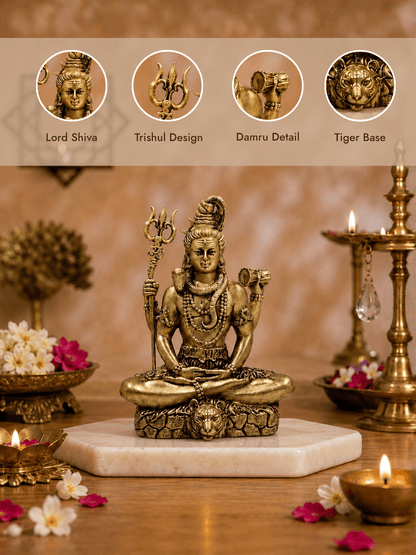 Lord Shiva Antique Gold Finish Idol with Trishul and Damru