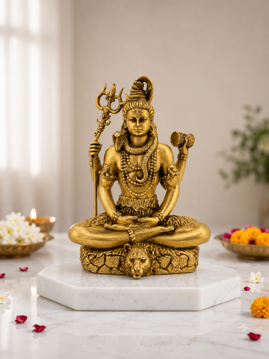 Lord Shiva Antique Gold Finish Idol with Trishul and Damru for Home Temple