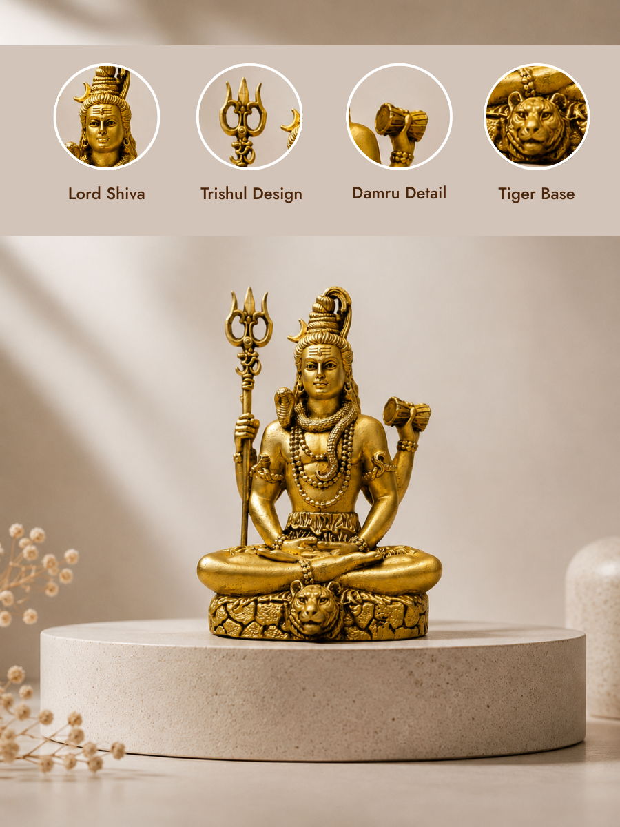 Lord Shiva Antique Gold Finish Idol with Trishul and Damru for Home Temple
