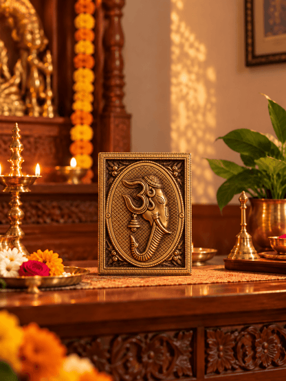 Brass Om Ganesha Wall Hanging — Framed Plaque for Home Entrance & Pooja Room