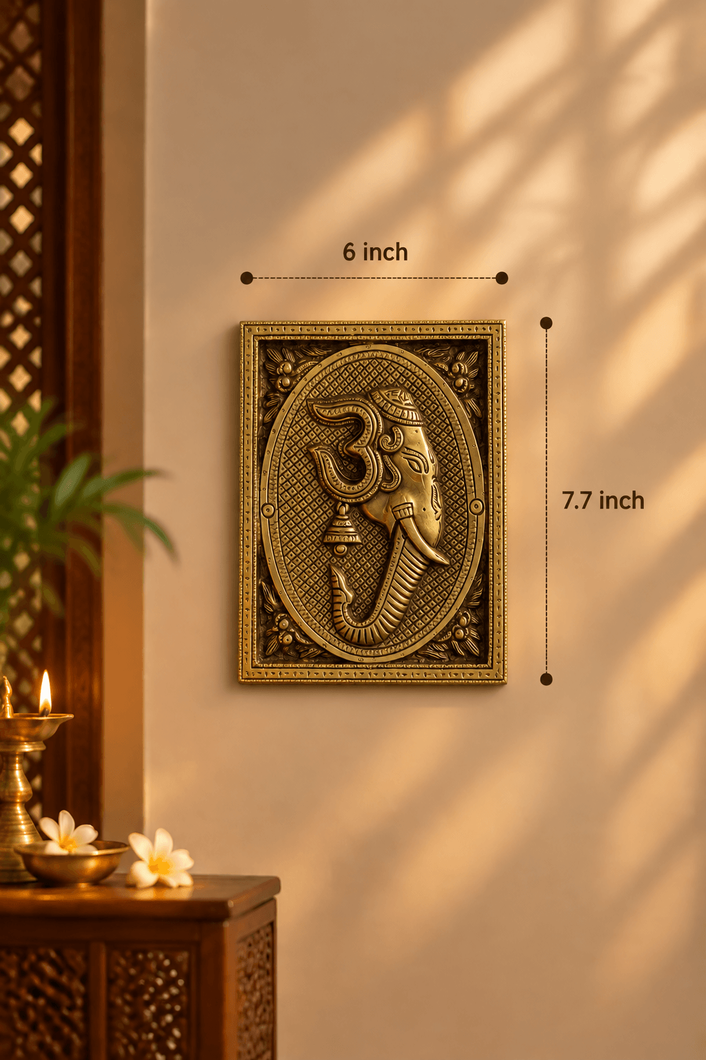 Brass Om Ganesha Wall Hanging — Framed Plaque for Home Entrance & Pooja Room