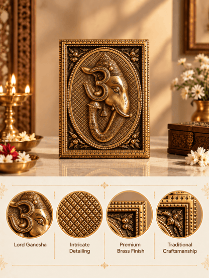 Brass Om Ganesha Wall Hanging — Framed Plaque for Home Entrance & Pooja Room
