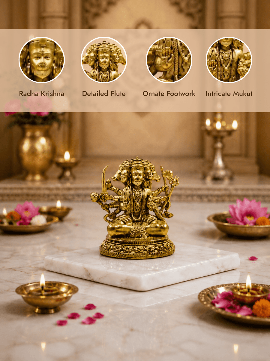 Panchmukhi Hanuman Antique Gold Finish Idol | Brass Murti for
