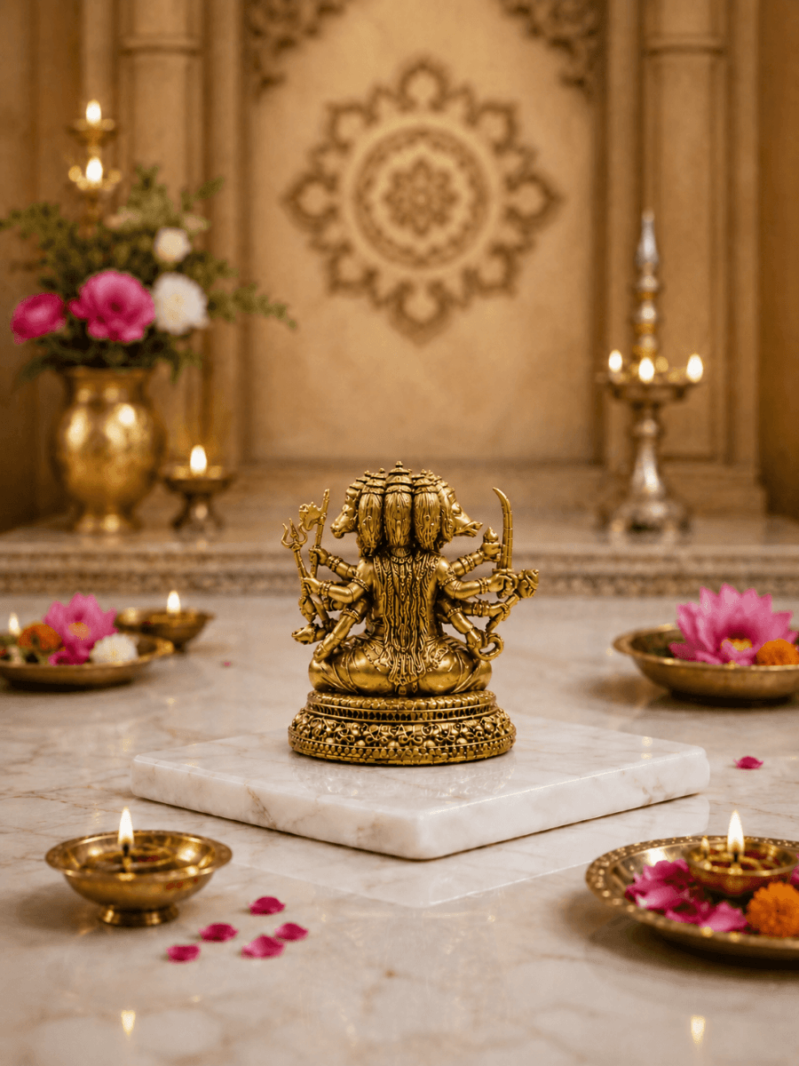 Panchmukhi Hanuman Antique Gold Finish Idol for Home Temple