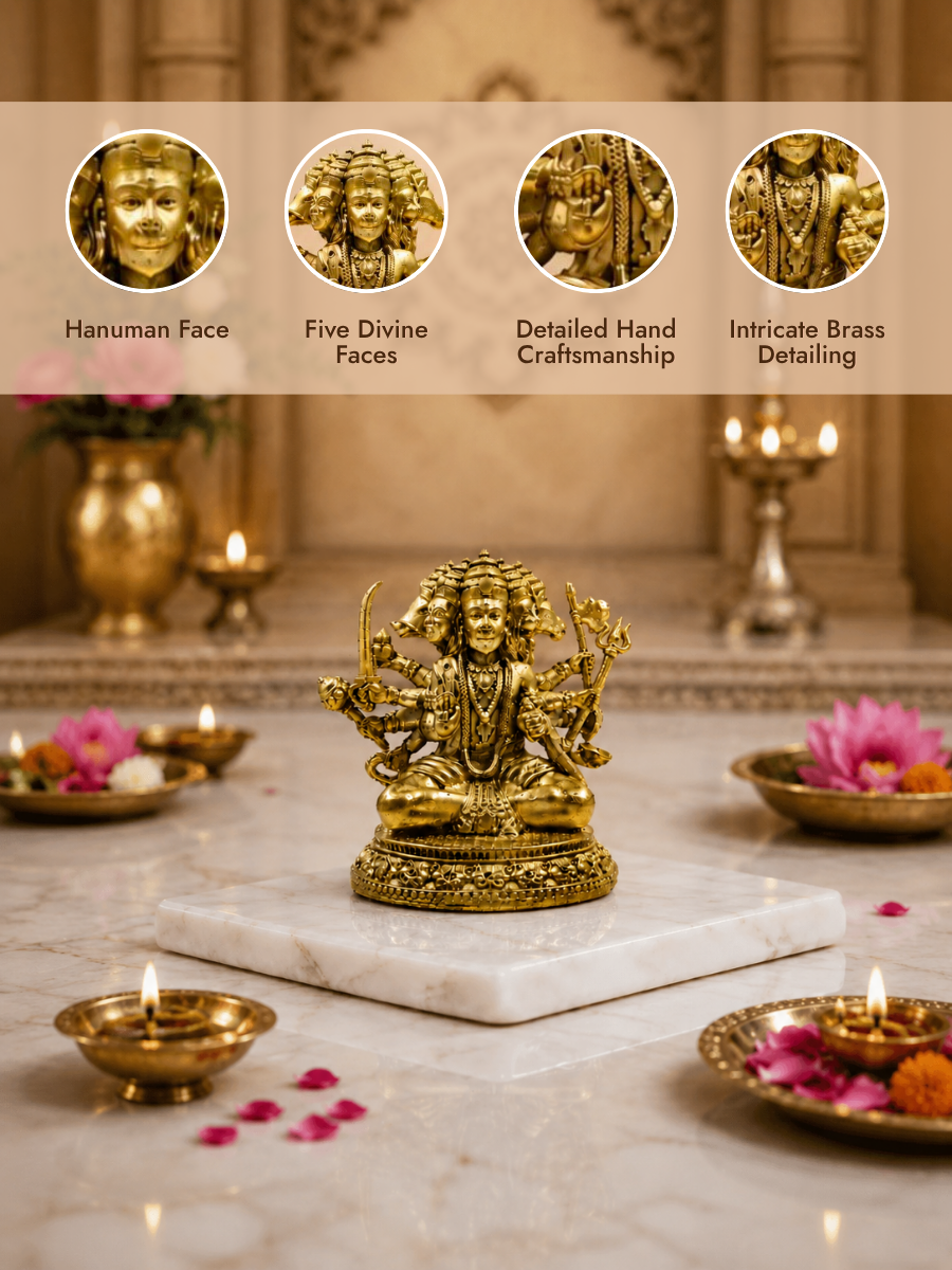 Panchmukhi Hanuman Antique Gold Finish Idol for Home Temple