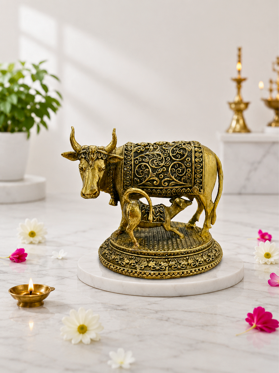 Pure Brass Kamadhenu Cow with Calf Idol for Home Temple, Office & Vastu Decor