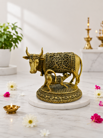 Pure Brass Kamadhenu Cow with Calf Idol for Home Temple, Office & Vastu Decor