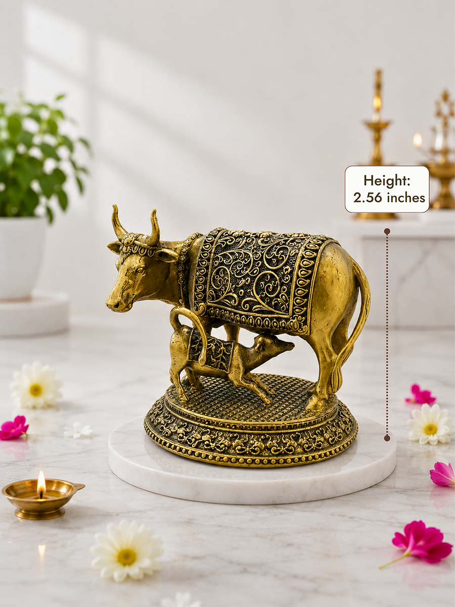 Pure Brass Kamadhenu Cow with Calf Idol for Home Temple, Office & Vastu Decor