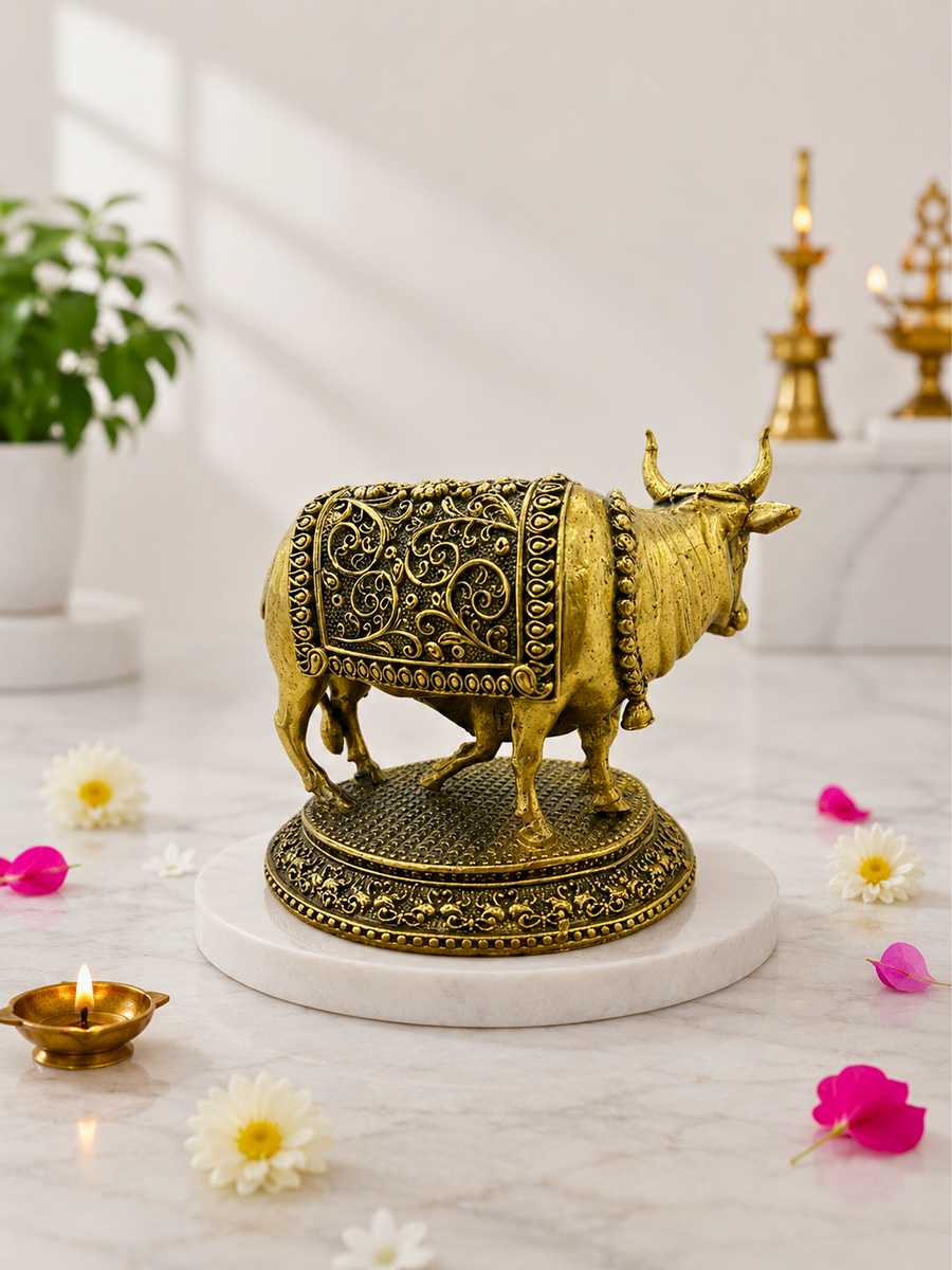 Pure Brass Kamadhenu Cow with Calf Idol for Home Temple, Office & Vastu Decor