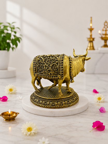 Pure Brass Kamadhenu Cow with Calf Idol for Home Temple, Office & Vastu Decor