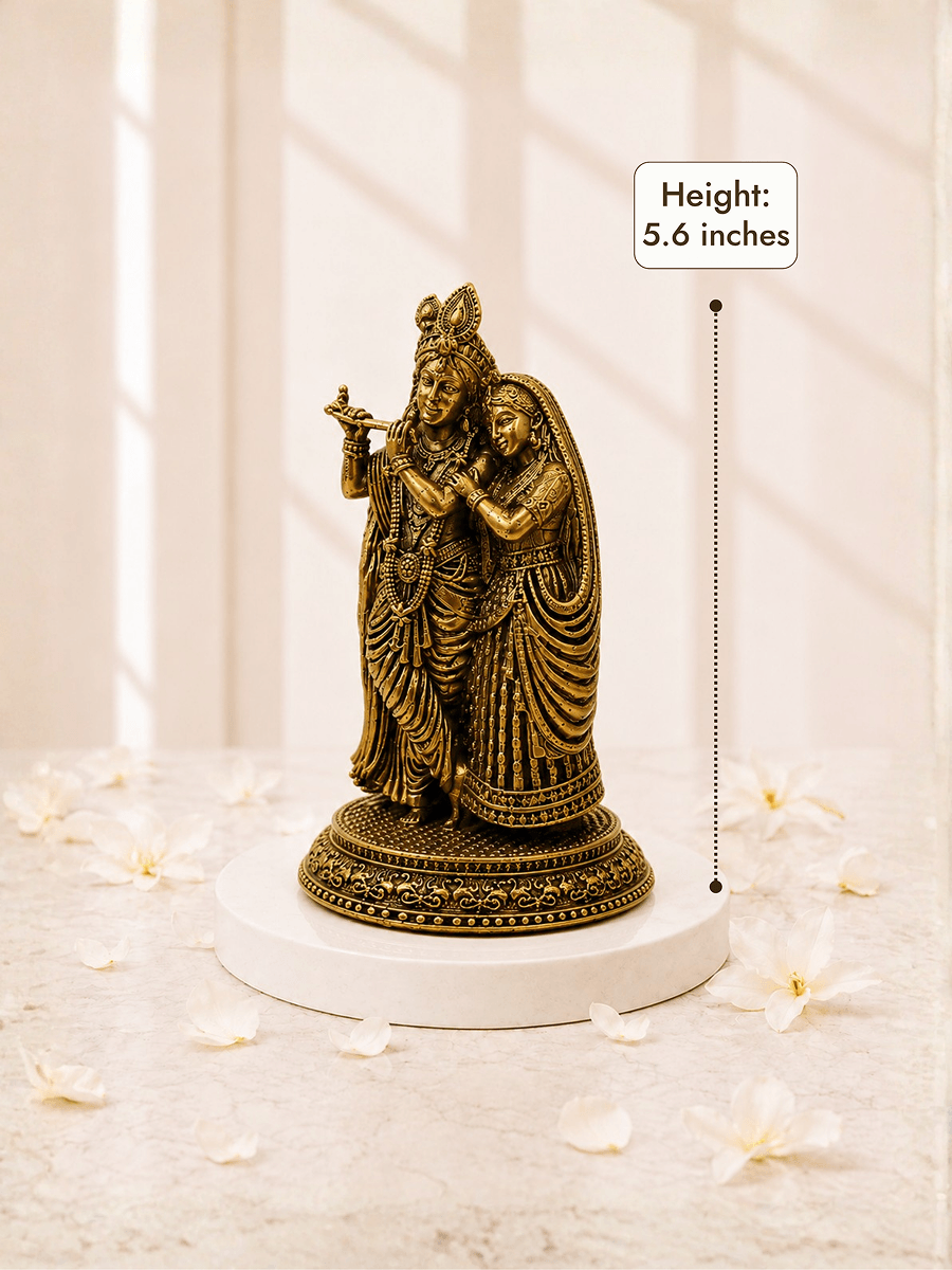 Pure Brass Radha Krishna Antique Gold Finish Idol - Height 5.6 inches