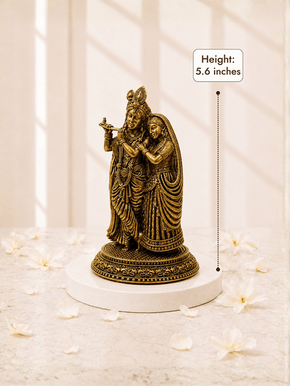 Pure Brass Radha Krishna Antique Gold Finish Idol - Height 5.6 inches
