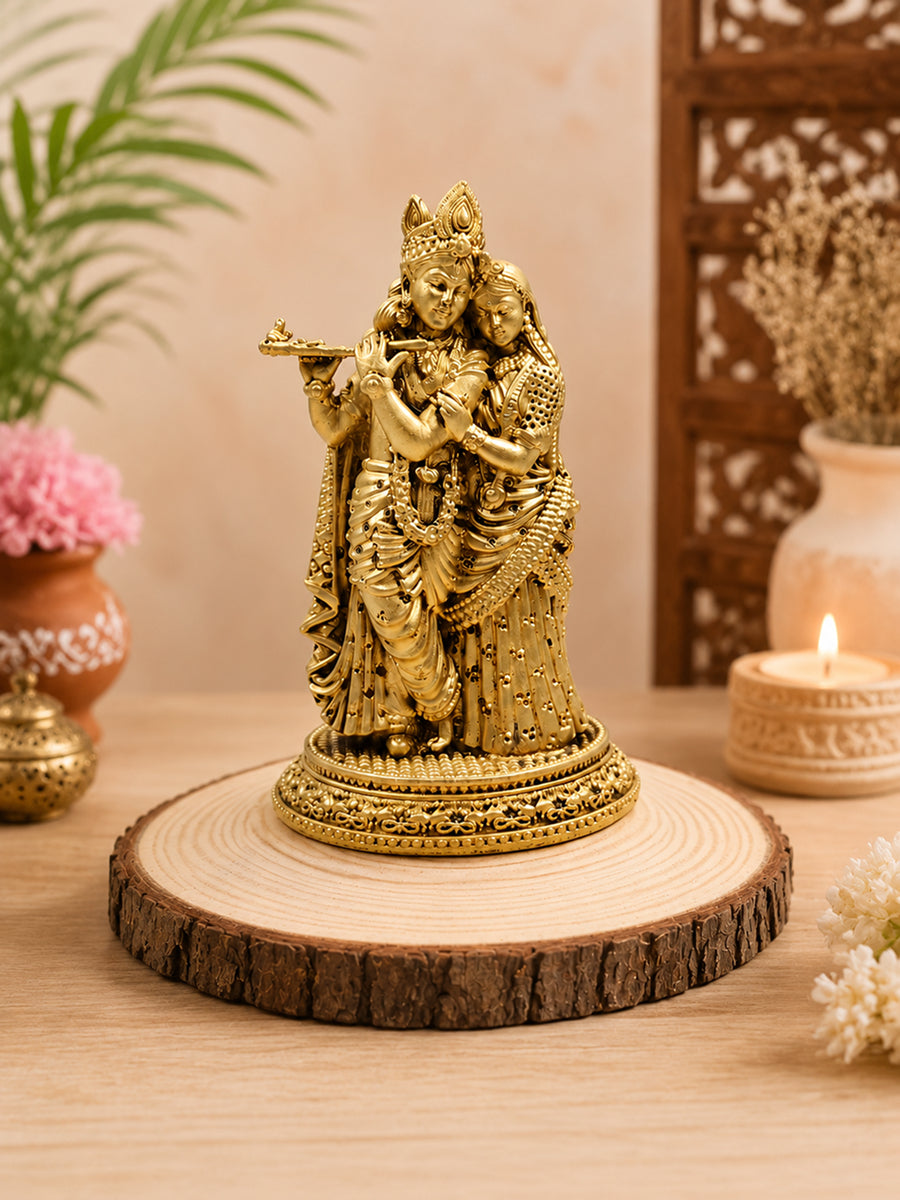 Pure Brass Radha Krishna Antique Gold Finish Idol