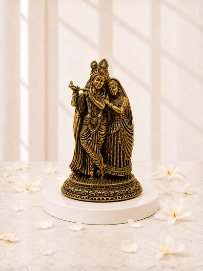 Pure Brass Radha Krishna Antique Gold Finish Idol