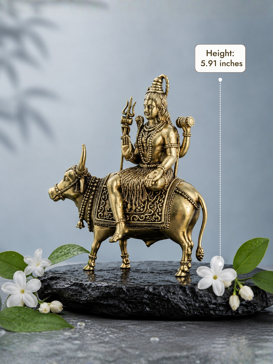 Pure Brass Lord Shiva on Nandi Idol for Home Temple, Office & Spiritual Decor