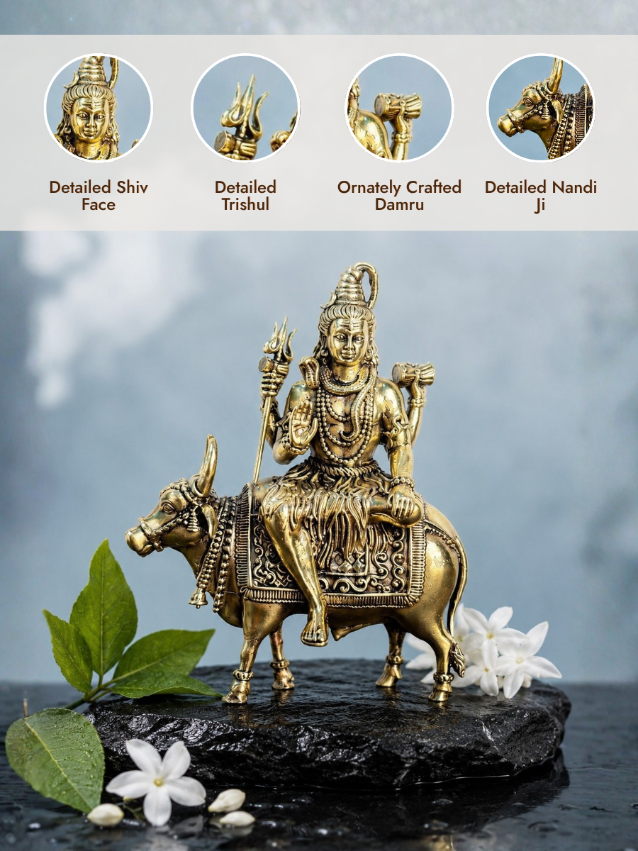 Pure Brass Lord Shiva on Nandi Idol for Home Temple, Office & Spiritual Decor