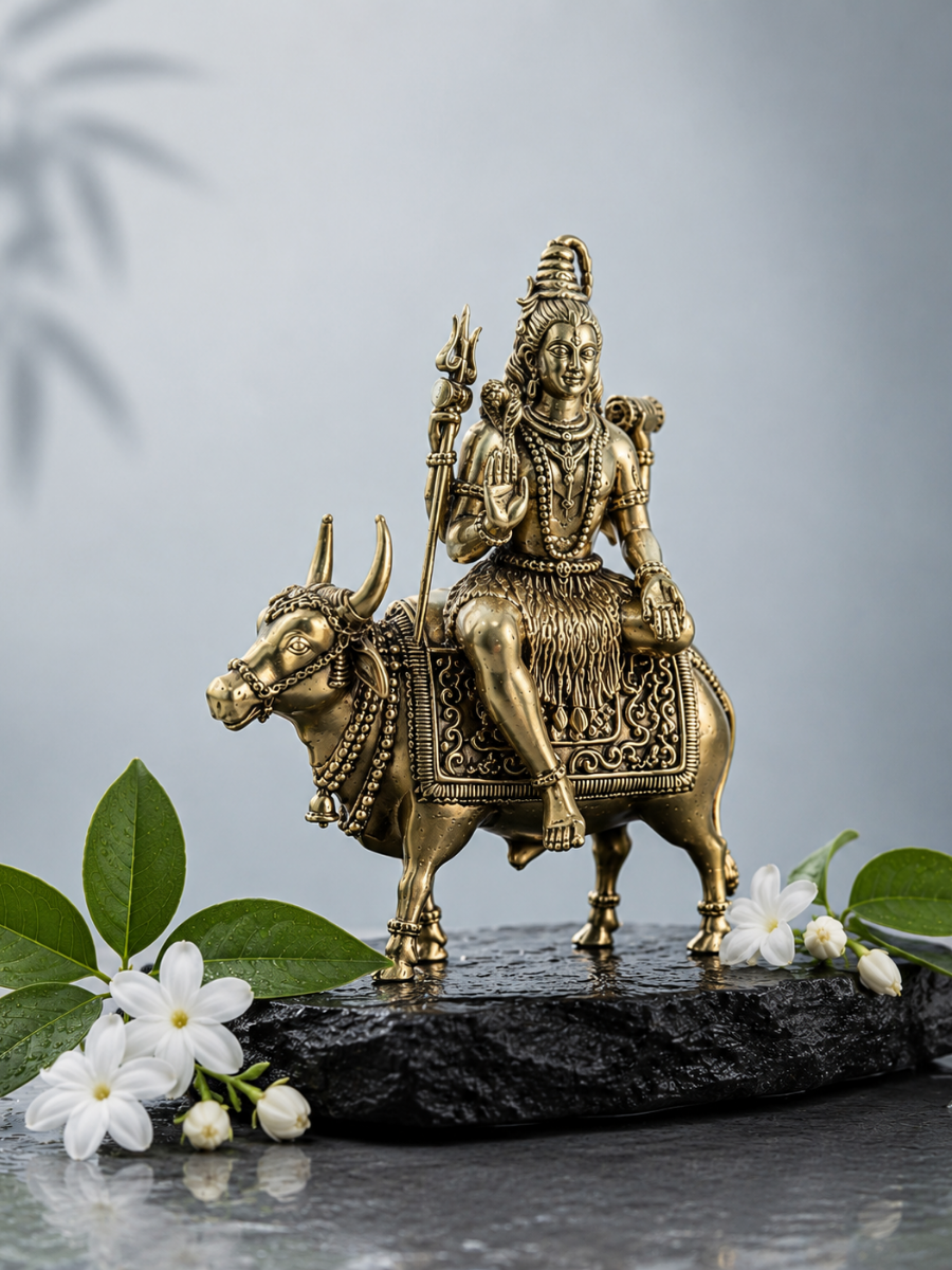 Pure Brass Lord Shiva on Nandi Idol for Home Temple, Office & Spiritual Decor