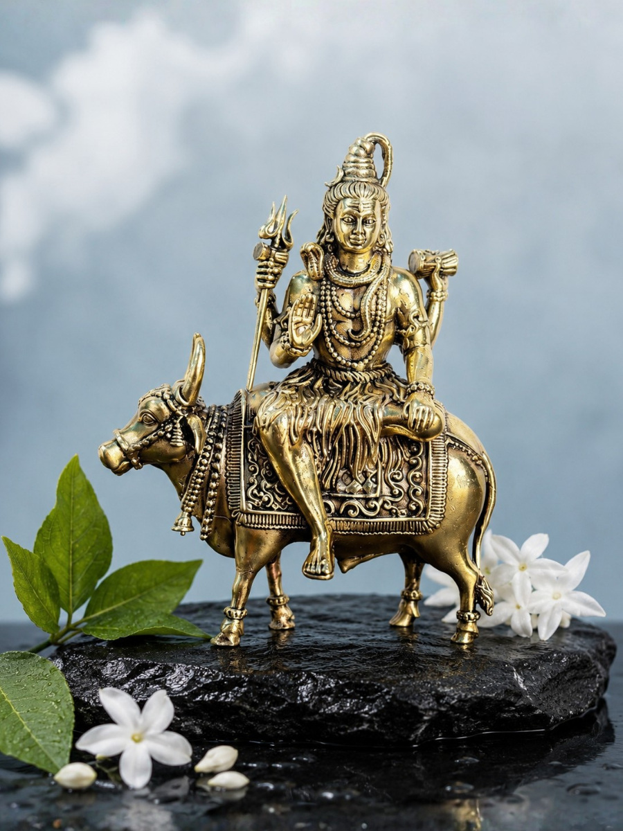 Pure Brass Lord Shiva on Nandi Idol for Home Temple, Office & Spiritual Decor