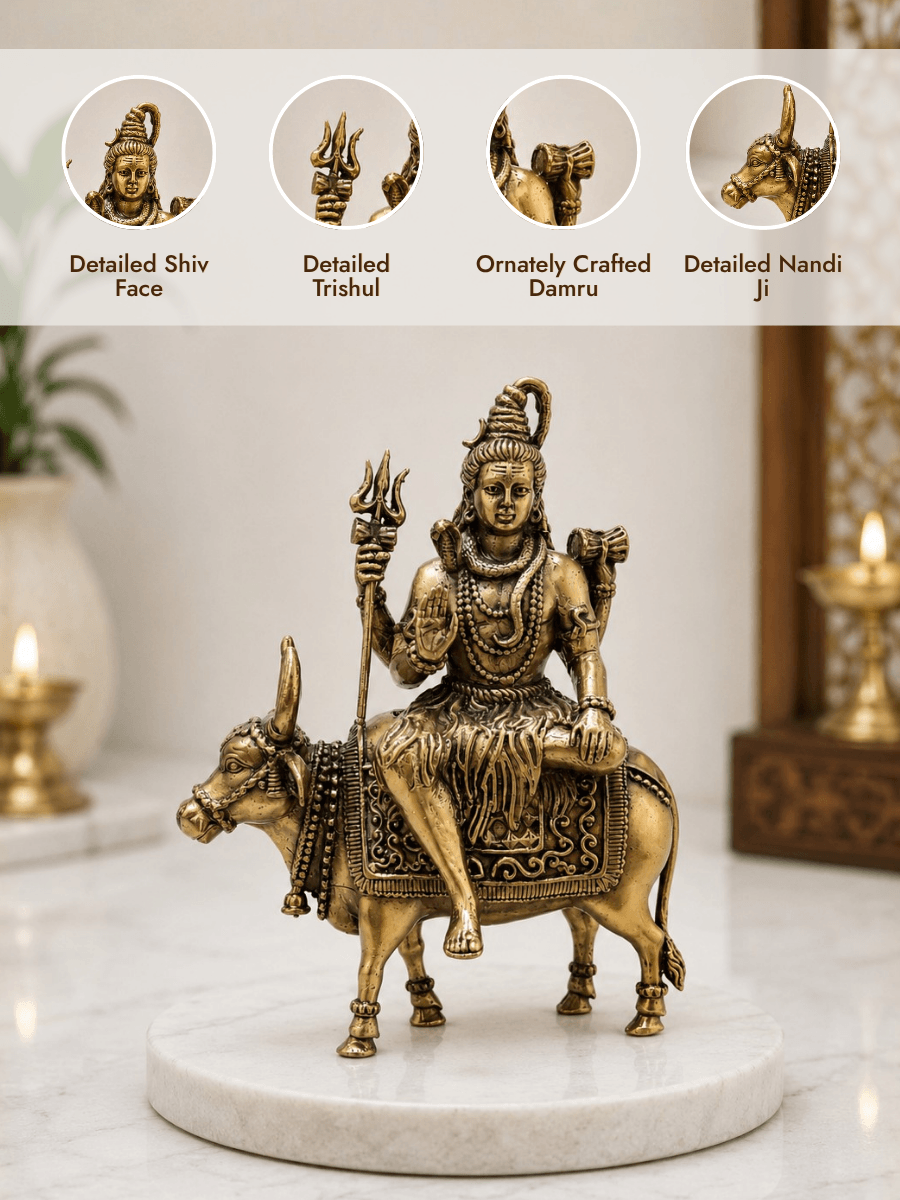 Pure Brass Lord Shiva on Nandi Idol for Home Temple, Office & Spiritual Decor